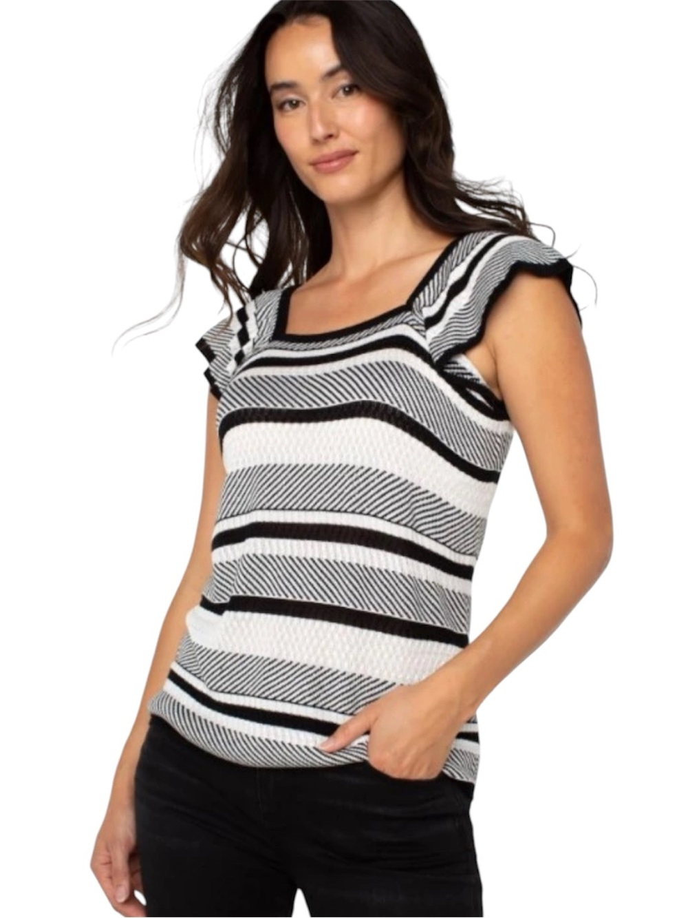 Liverpool Black & White Stripe Flutter Sleeve Square Neck Sweater Top - L- NWT